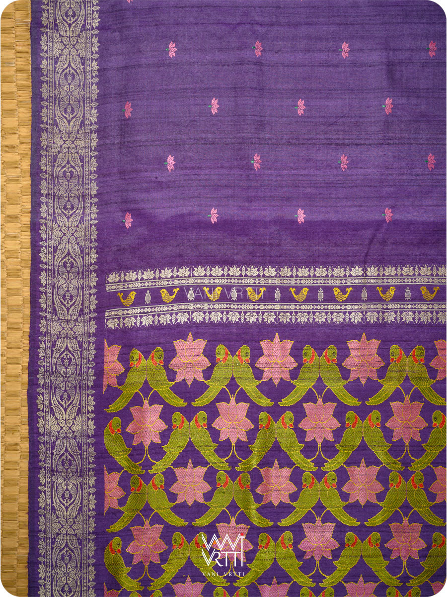 Deep Purple Lotus Parrot Jaal Designer Exclusive Handspun Handwoven Tussar Silk Saree
