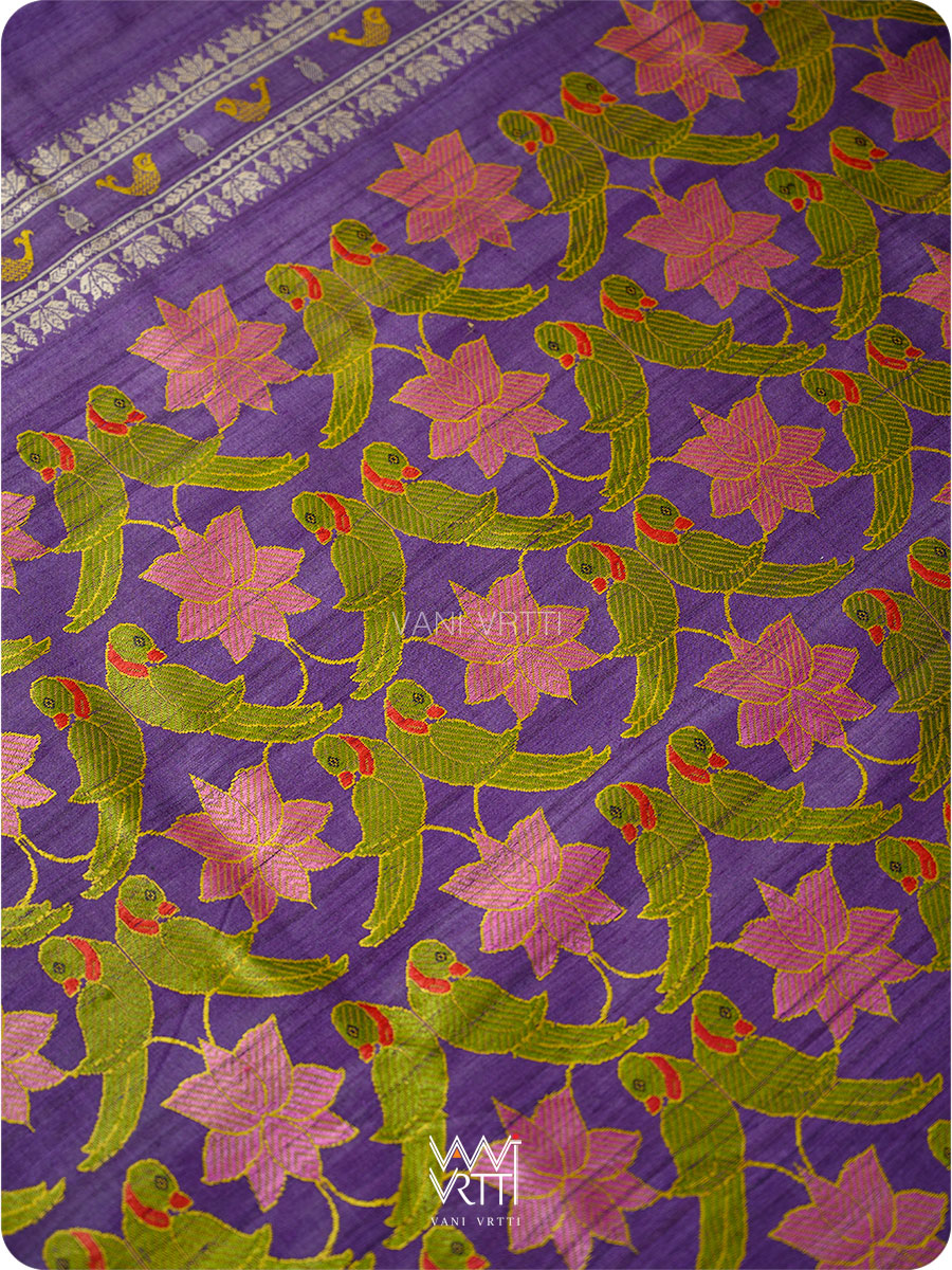 Deep Purple Lotus Parrot Jaal Designer Exclusive Handspun Handwoven Tussar Silk Saree
