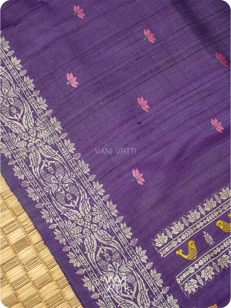 Deep Purple Lotus Parrot Jaal Designer Exclusive Handspun Handwoven Tussar Silk Saree