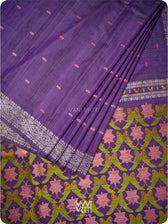 Deep Purple Lotus Parrot Jaal Designer Exclusive Handspun Handwoven Tussar Silk Saree
