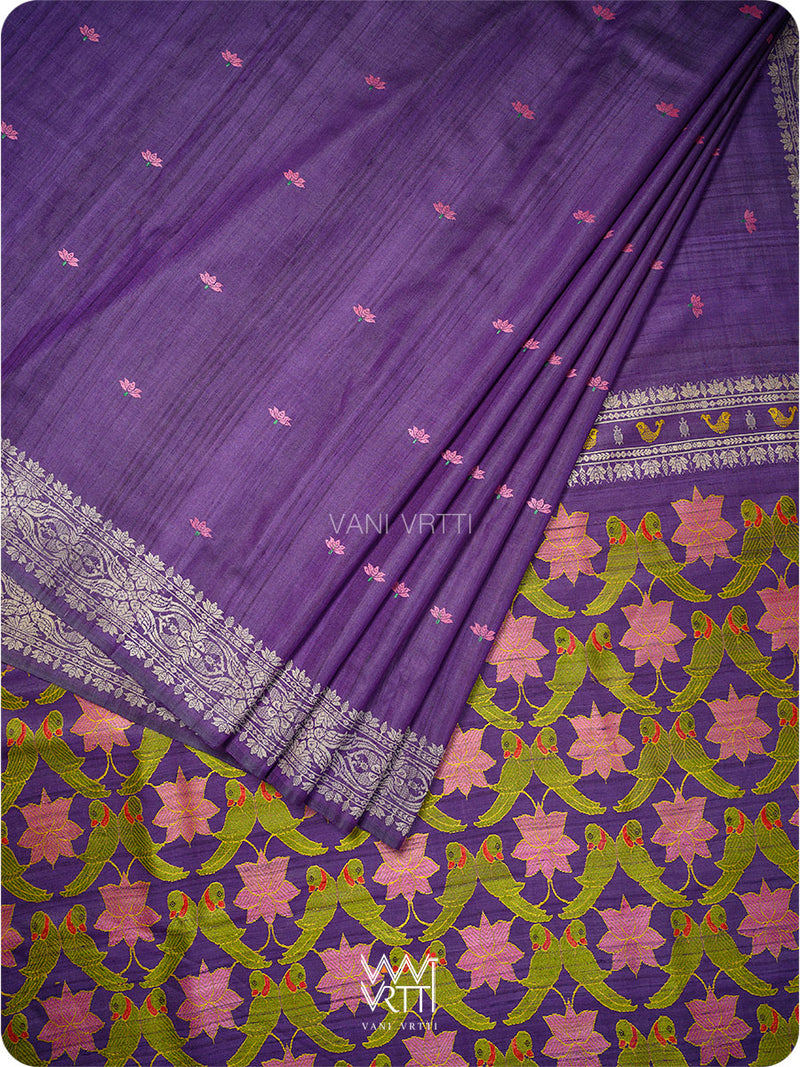 Deep Purple Lotus Parrot Jaal Designer Exclusive Handspun Handwoven Tussar Silk Saree