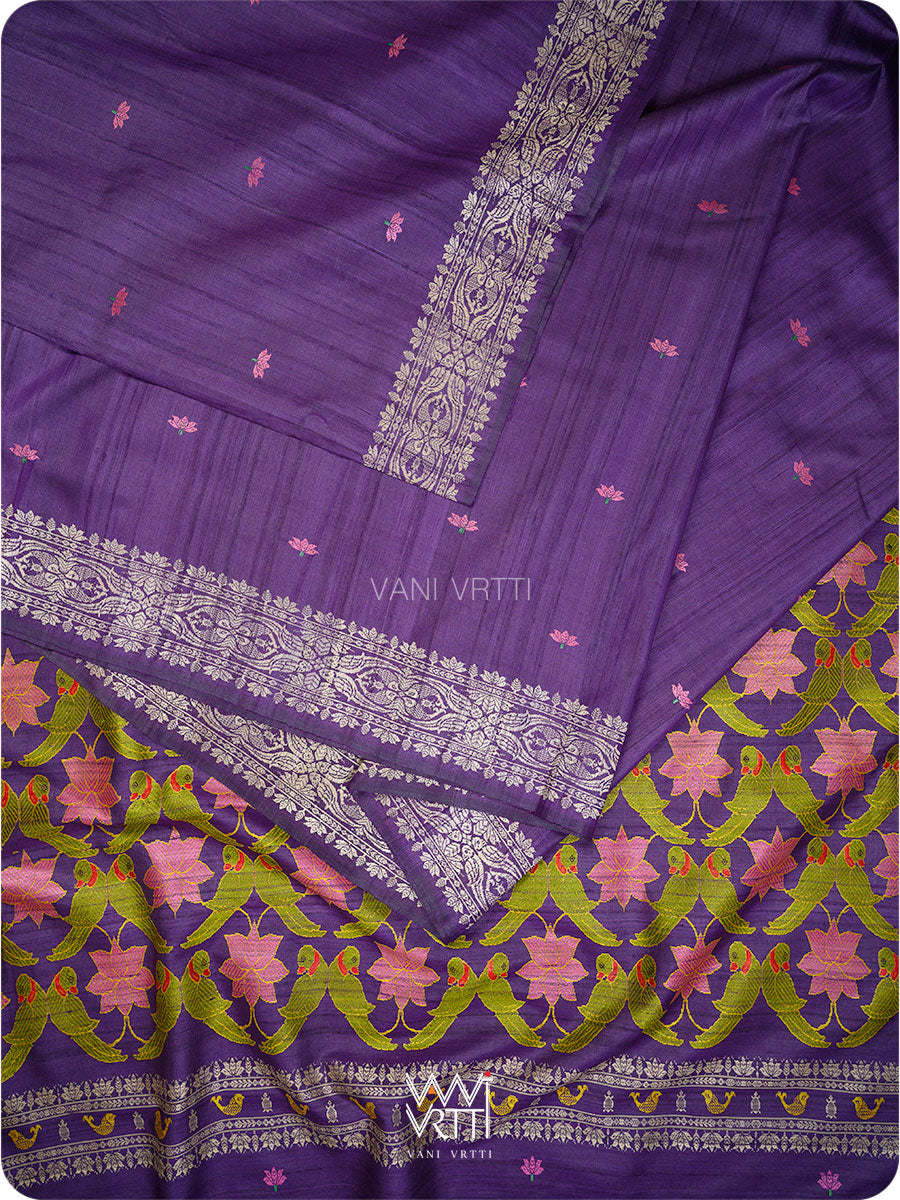 Deep Purple Lotus Parrot Jaal Designer Exclusive Handspun Handwoven Tussar Silk Saree