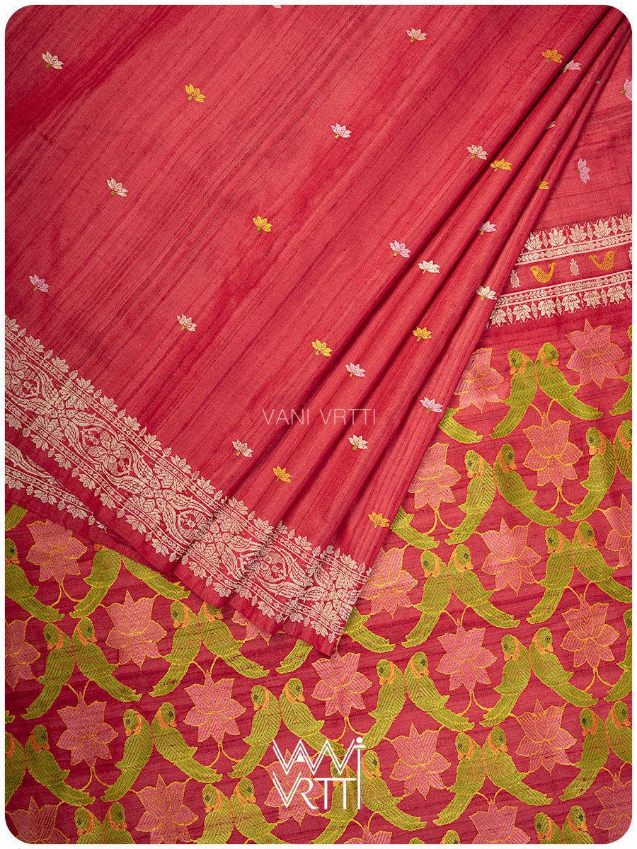 Tomato Red Lotus Parrot Jaal Designer Exclusive Handspun Handwoven Tussar Silk Saree