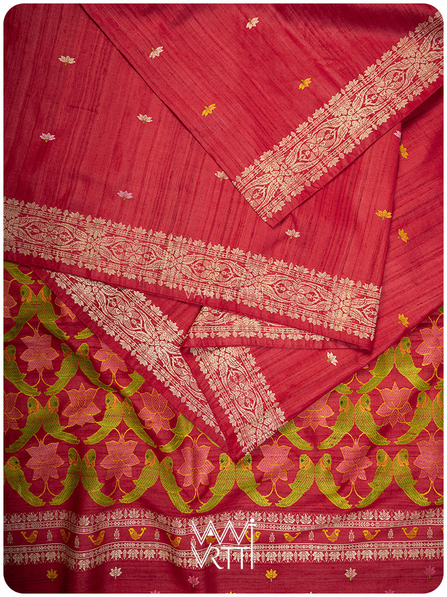 Tomato Red Lotus Parrot Jaal Designer Exclusive Handspun Handwoven Tussar Silk Saree