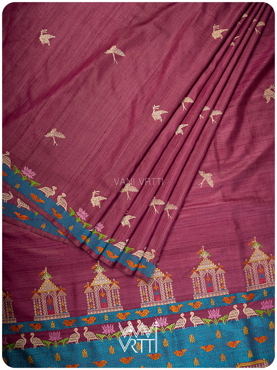 Deep Plum Pink Chilika Master Weave Exclusive Handspun Tussar Silk Saree