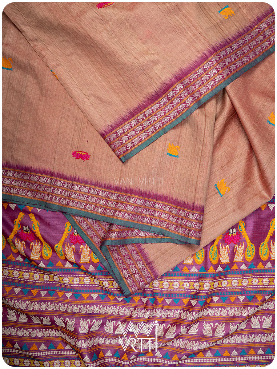Peach Violet Veena Pani Lata Master Weave Exclusive Handspun Tussar Silk Saree
