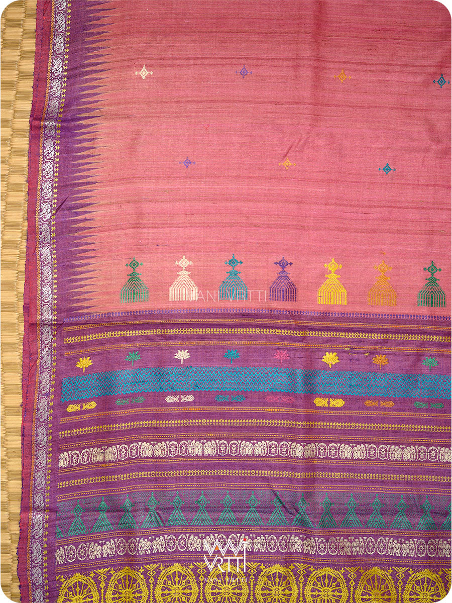 Rose Pink Purple Airavata Konark Double Palla Handspun Tussar Silk Saree