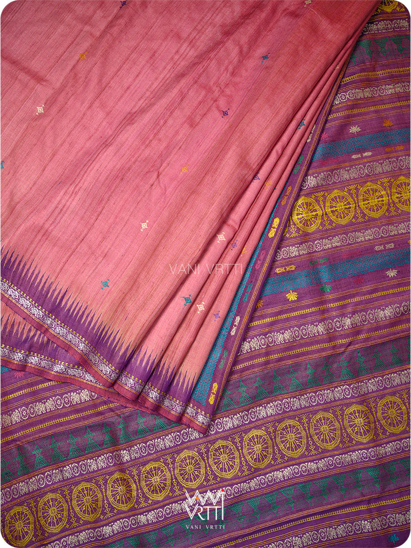 Rose Pink Purple Airavata Konark Double Palla Handspun Tussar Silk Saree