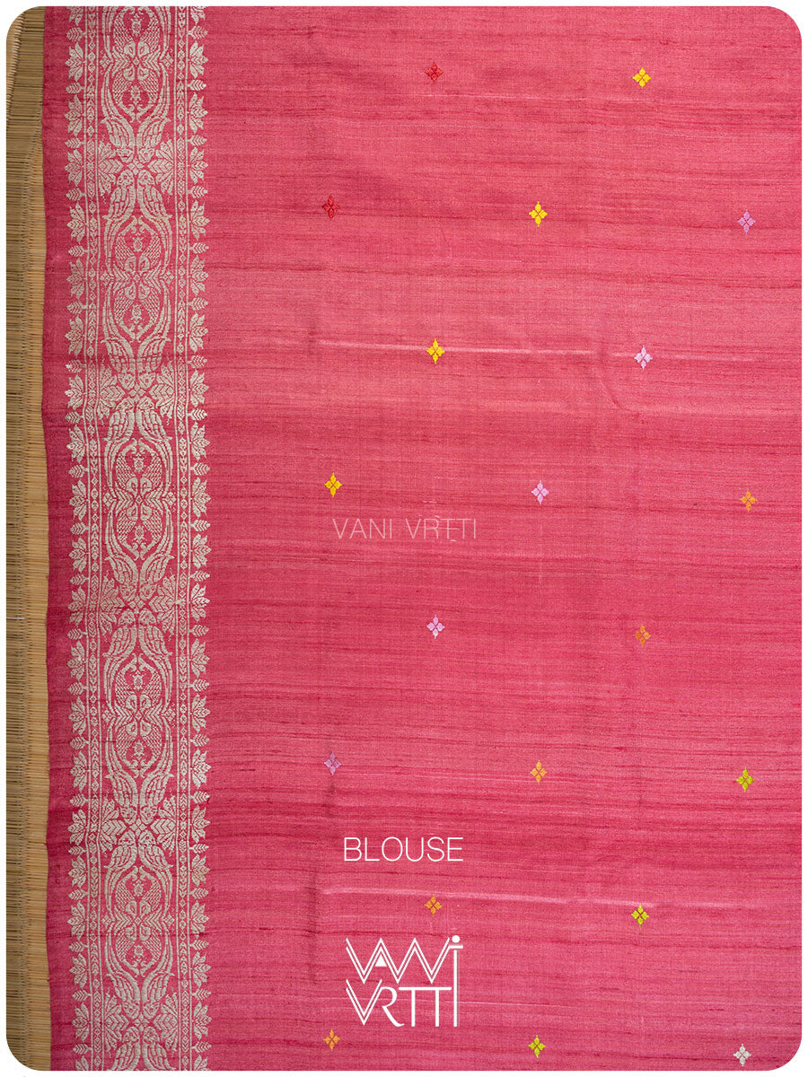 Carrot Red Lotus Parrot Jaal Designer Exclusive Handspun Handwoven Tussar Silk Saree