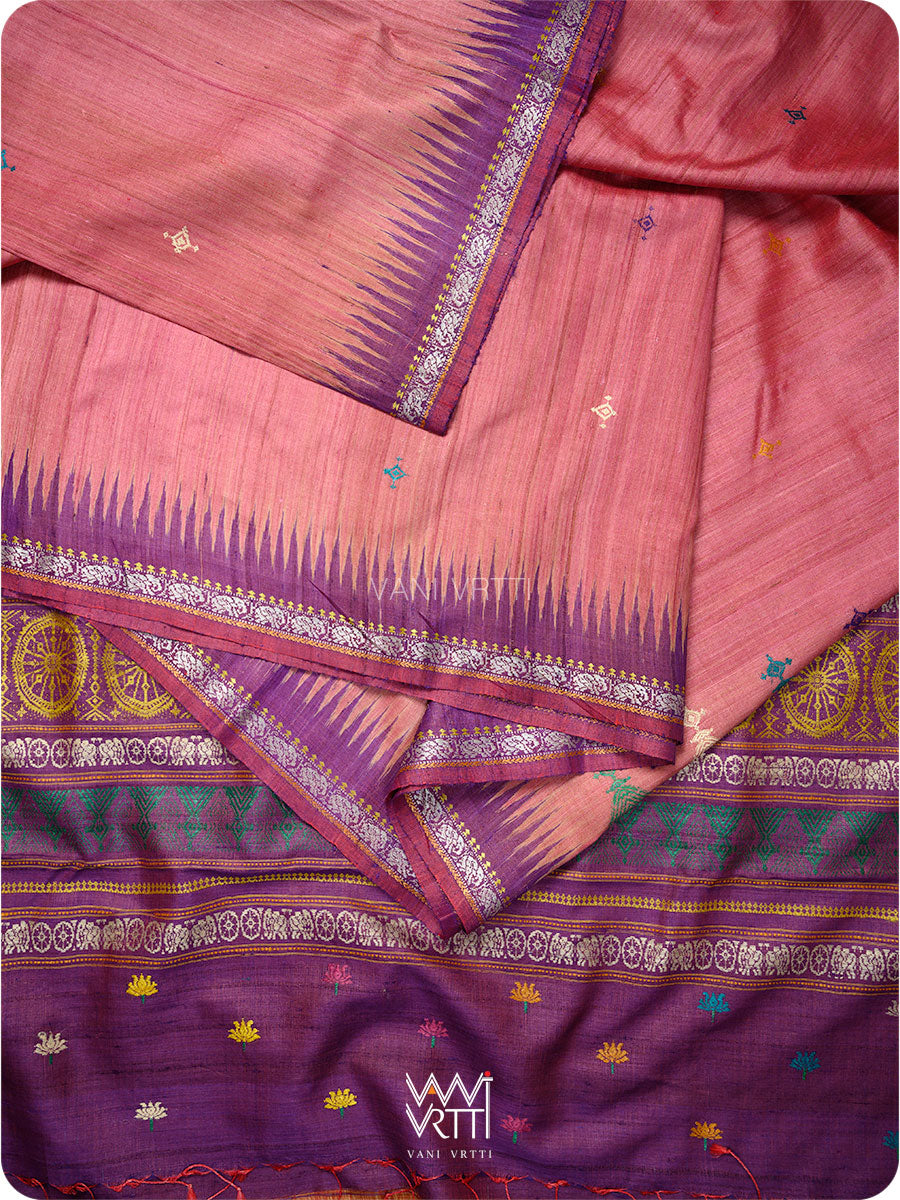Rose Pink Purple Airavata Konark Double Palla Handspun Tussar Silk Saree