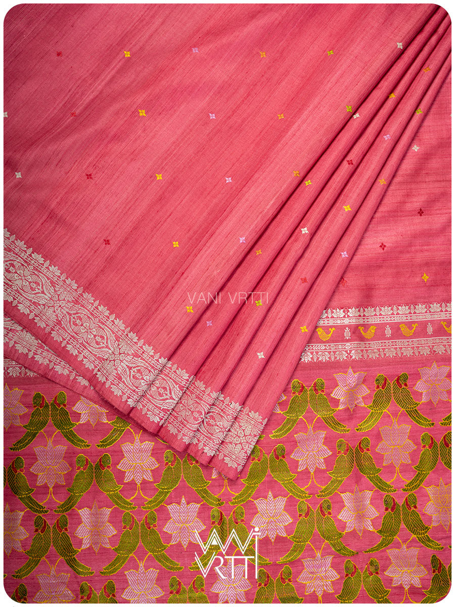 Carrot Red Lotus Parrot Jaal Designer Exclusive Handspun Handwoven Tussar Silk Saree