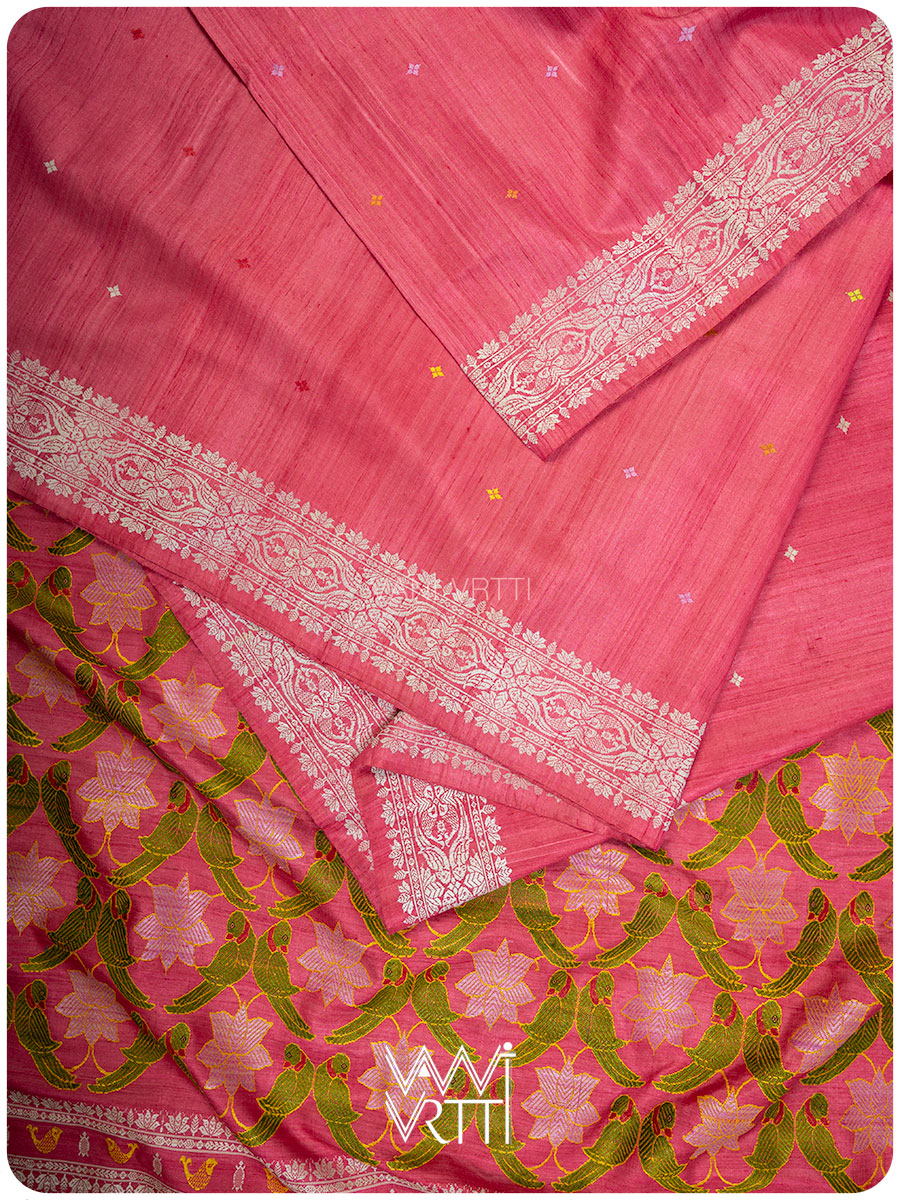 Carrot Red Lotus Parrot Jaal Designer Exclusive Handspun Handwoven Tussar Silk Saree