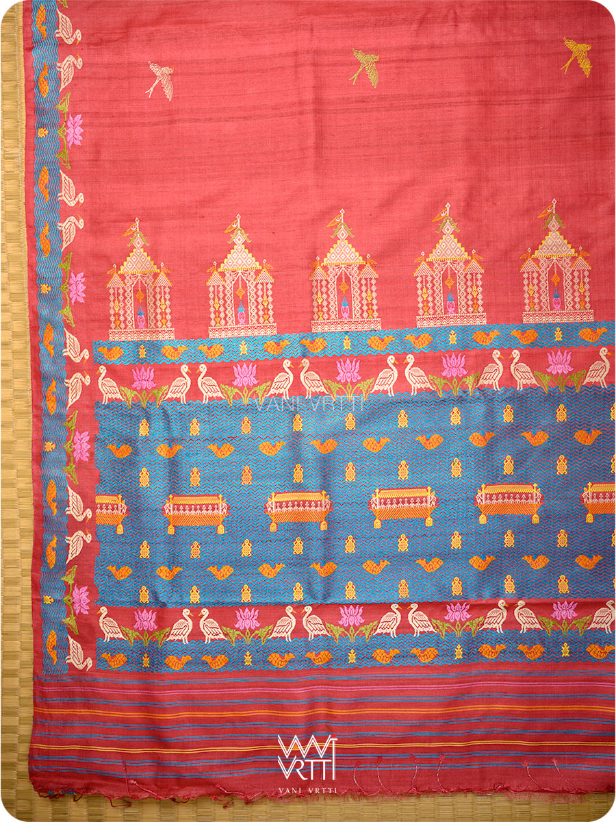 Cherry Red Chilika Master Weave Exclusive Handspun Tussar Silk Saree