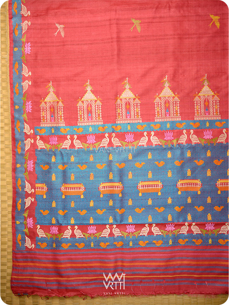Cherry Red Chilika Master Weave Exclusive Handspun Tussar Silk Saree