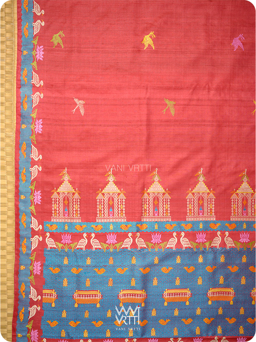 Cherry Red Chilika Master Weave Exclusive Handspun Tussar Silk Saree