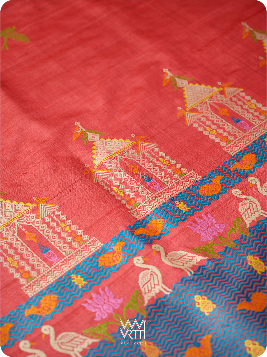 Cherry Red Chilika Master Weave Exclusive Handspun Tussar Silk Saree