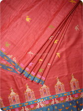 Cherry Red Chilika Master Weave Exclusive Handspun Tussar Silk Saree