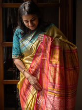 Pastel Yellow Firozi Red Ganga Jamuna Ananta Handspun Tussar Silk Saree