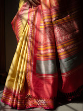 Pastel Yellow Firozi Red Ganga Jamuna Ananta Handspun Tussar Silk Saree