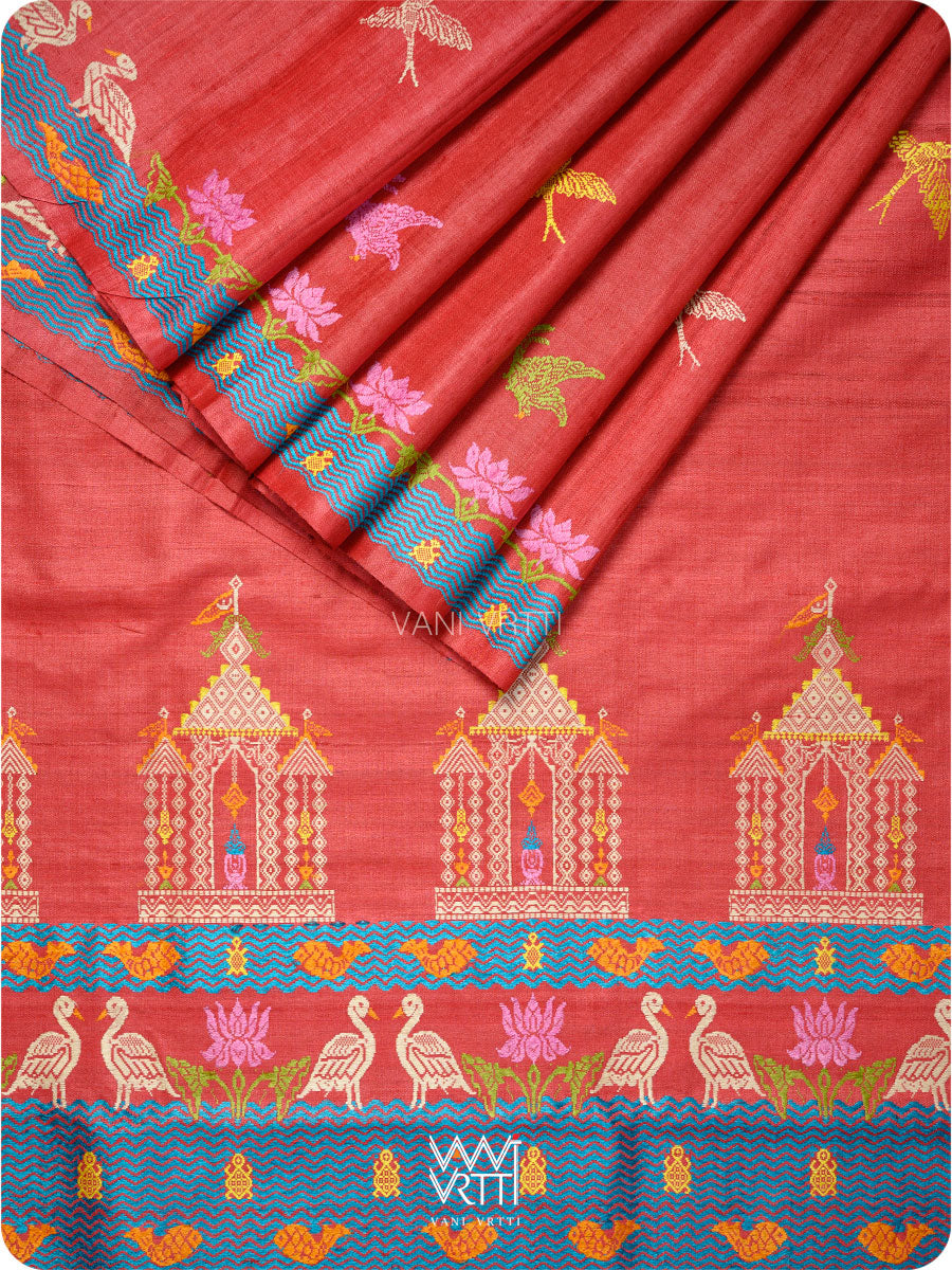 Cherry Red Chilika Master Weave Exclusive Handspun Tussar Silk Saree
