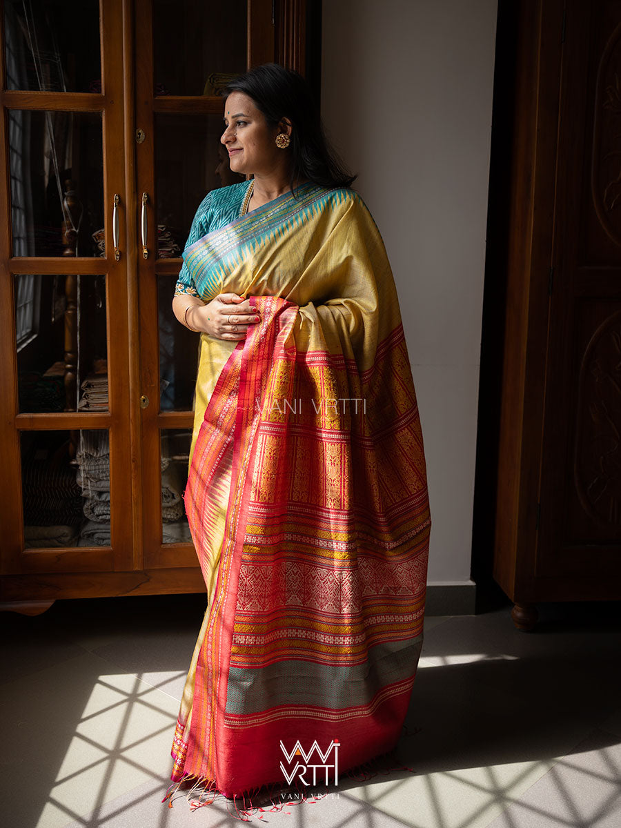 Pastel Yellow Firozi Red Ganga Jamuna Ananta Handspun Tussar Silk Saree