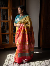 Pastel Yellow Firozi Red Ganga Jamuna Ananta Handspun Tussar Silk Saree