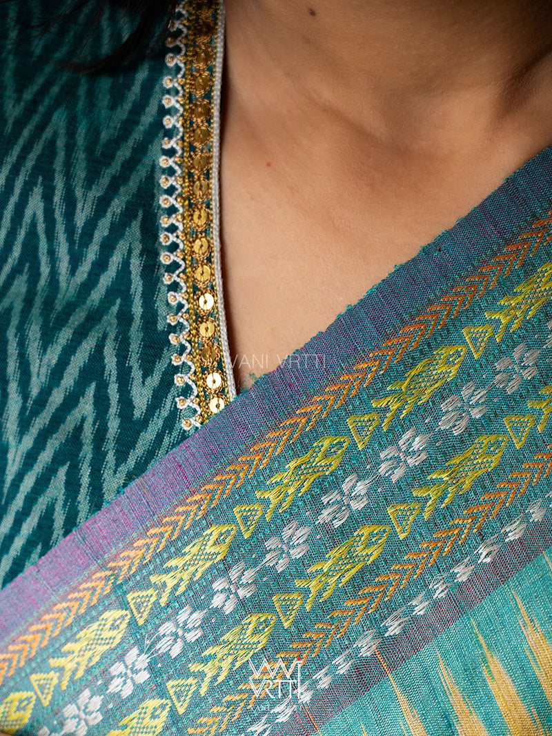 Emerald Green Tree Of Life Zardozi Cotton Ikat Blouse