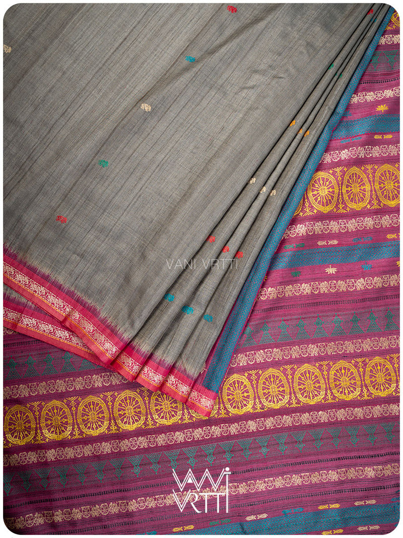 Slate grey handspun tussar silk Konark saree in full view