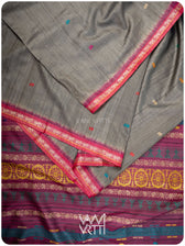 Ikat border close-up on slate grey tussar silk Konark saree