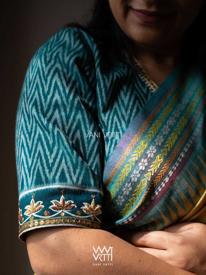 Emerald Green Tree Of Life Zardozi Cotton Ikat Blouse