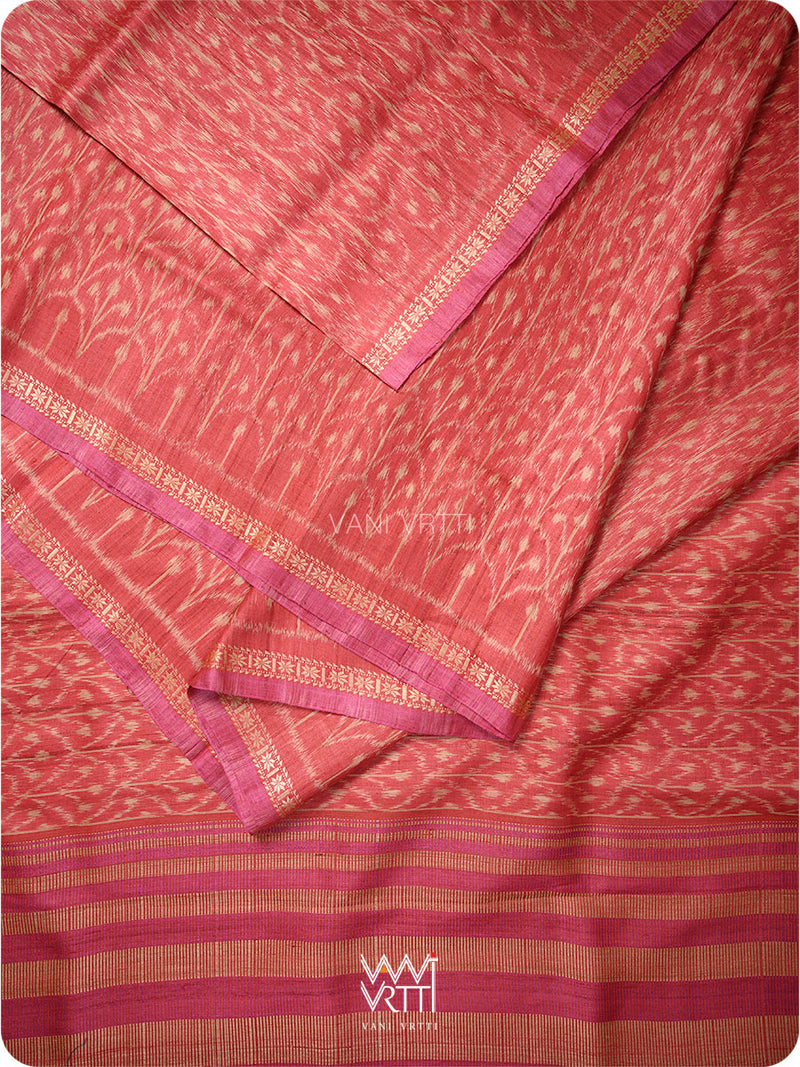 Red Iris Ikat Handspun Tussar Silk Sari