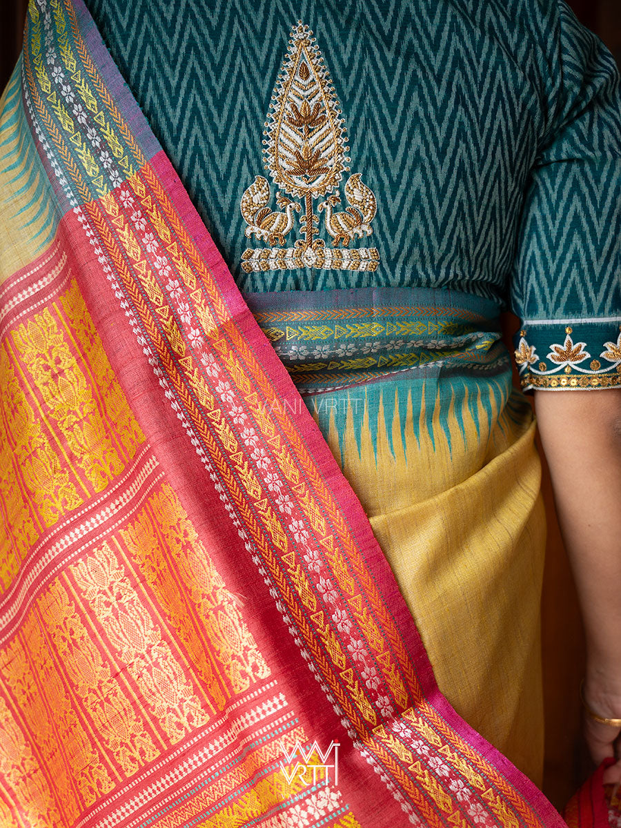 Pastel Yellow Firozi Red Ganga Jamuna Ananta Handspun Tussar Silk Saree