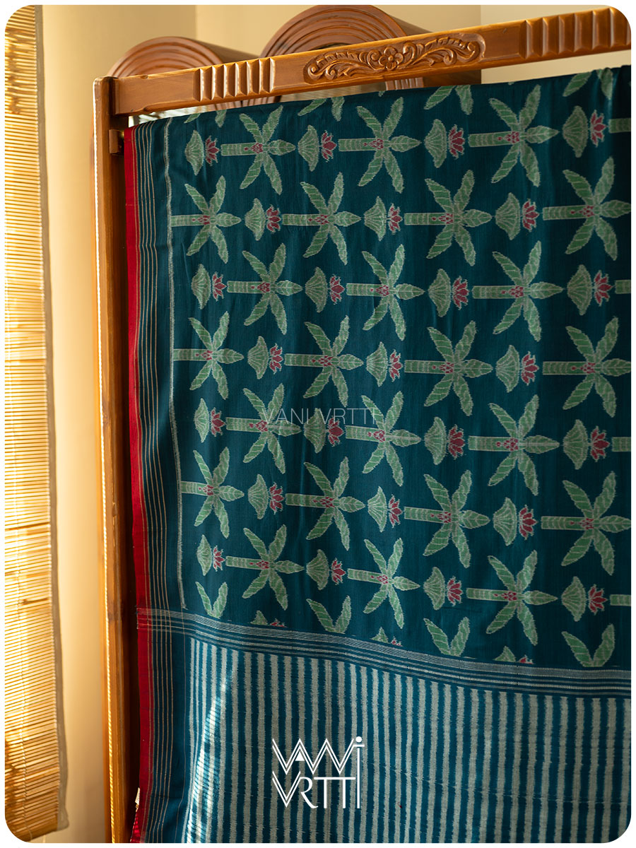 Bottle Green Banana Tree Fine Cotton Ikat Saree