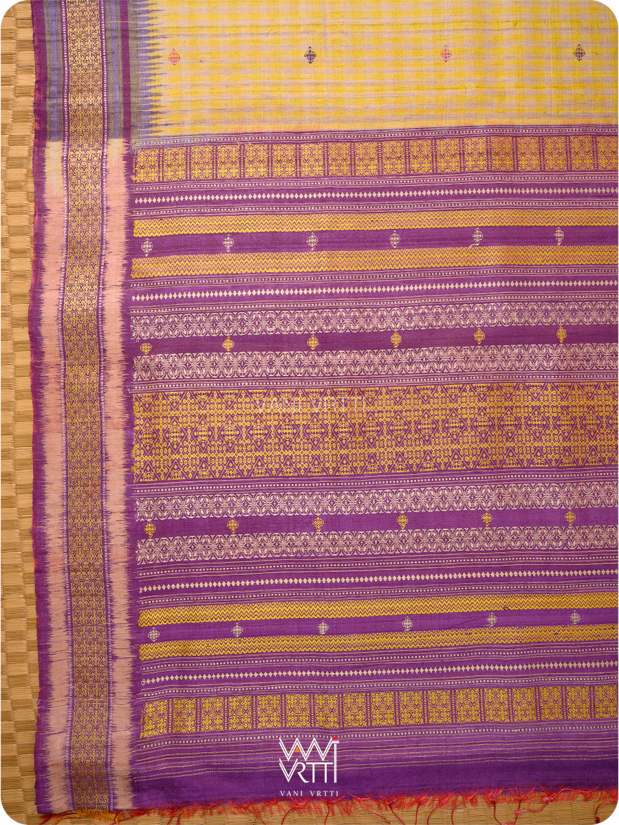 Natural Tussar Yellow Checks Purple Pink Ganga Jamuna Kolam Exclusive Handspun Tussar Silk Saree