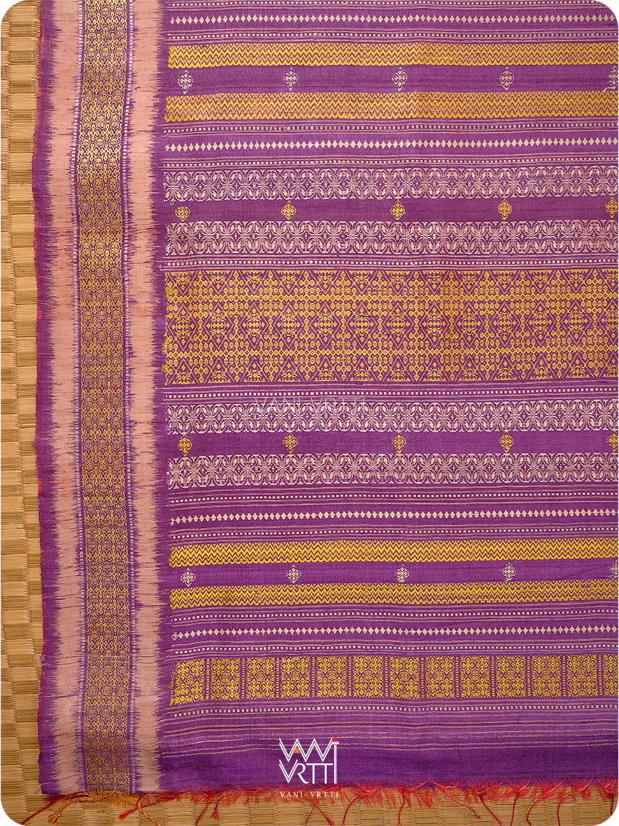 Natural Tussar Yellow Checks Purple Pink Ganga Jamuna Kolam Exclusive Handspun Tussar Silk Saree