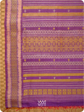Natural Tussar Yellow Checks Purple Pink Ganga Jamuna Kolam Exclusive Handspun Tussar Silk Saree
