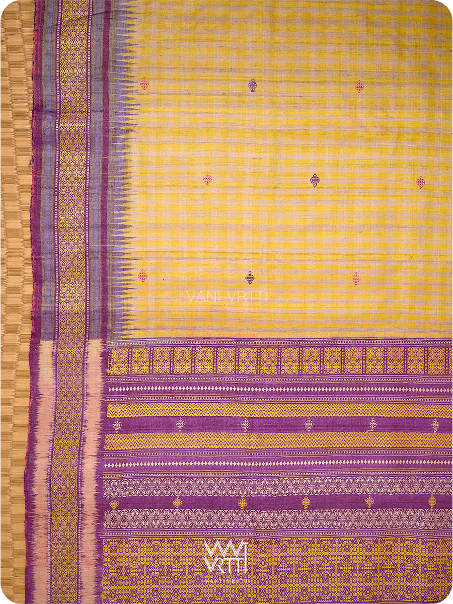 Natural Tussar Yellow Checks Purple Pink Ganga Jamuna Kolam Exclusive Handspun Tussar Silk Saree