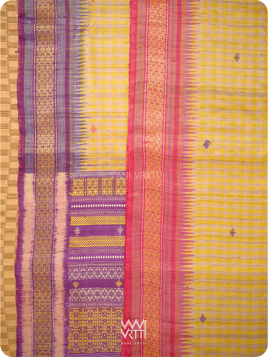 Natural Tussar Yellow Checks Purple Pink Ganga Jamuna Kolam Exclusive Handspun Tussar Silk Saree