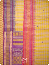 Natural Tussar Yellow Checks Purple Pink Ganga Jamuna Kolam Exclusive Handspun Tussar Silk Saree