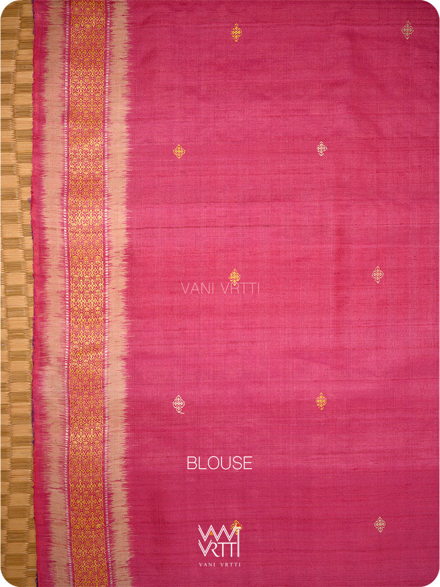 Natural Tussar Yellow Checks Purple Pink Ganga Jamuna Kolam Exclusive Handspun Tussar Silk Saree