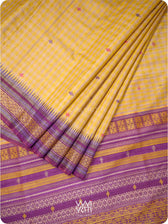 Natural Tussar Yellow Checks Purple Pink Ganga Jamuna Kolam Exclusive Handspun Tussar Silk Saree