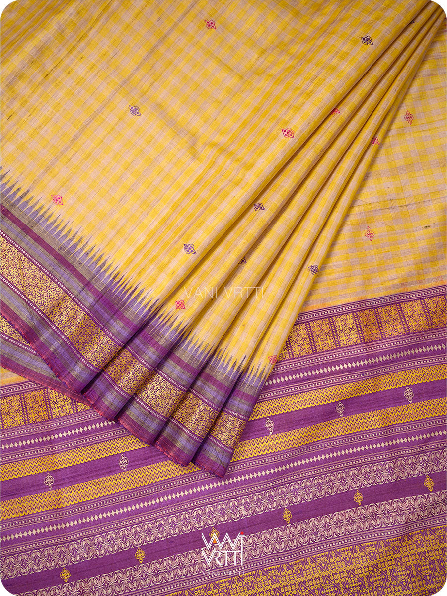 Natural Tussar Yellow Checks Purple Pink Ganga Jamuna Kolam Exclusive Handspun Tussar Silk Saree