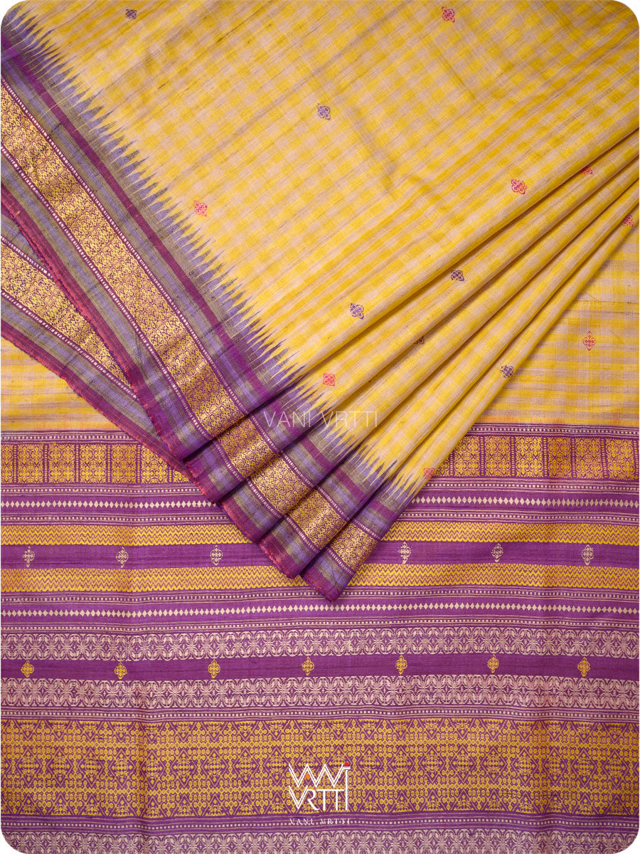 Natural Tussar Yellow Checks Purple Pink Ganga Jamuna Kolam Exclusive Handspun Tussar Silk Saree
