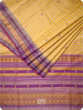 Natural Tussar Yellow Checks Purple Pink Ganga Jamuna Kolam Exclusive Handspun Tussar Silk Saree