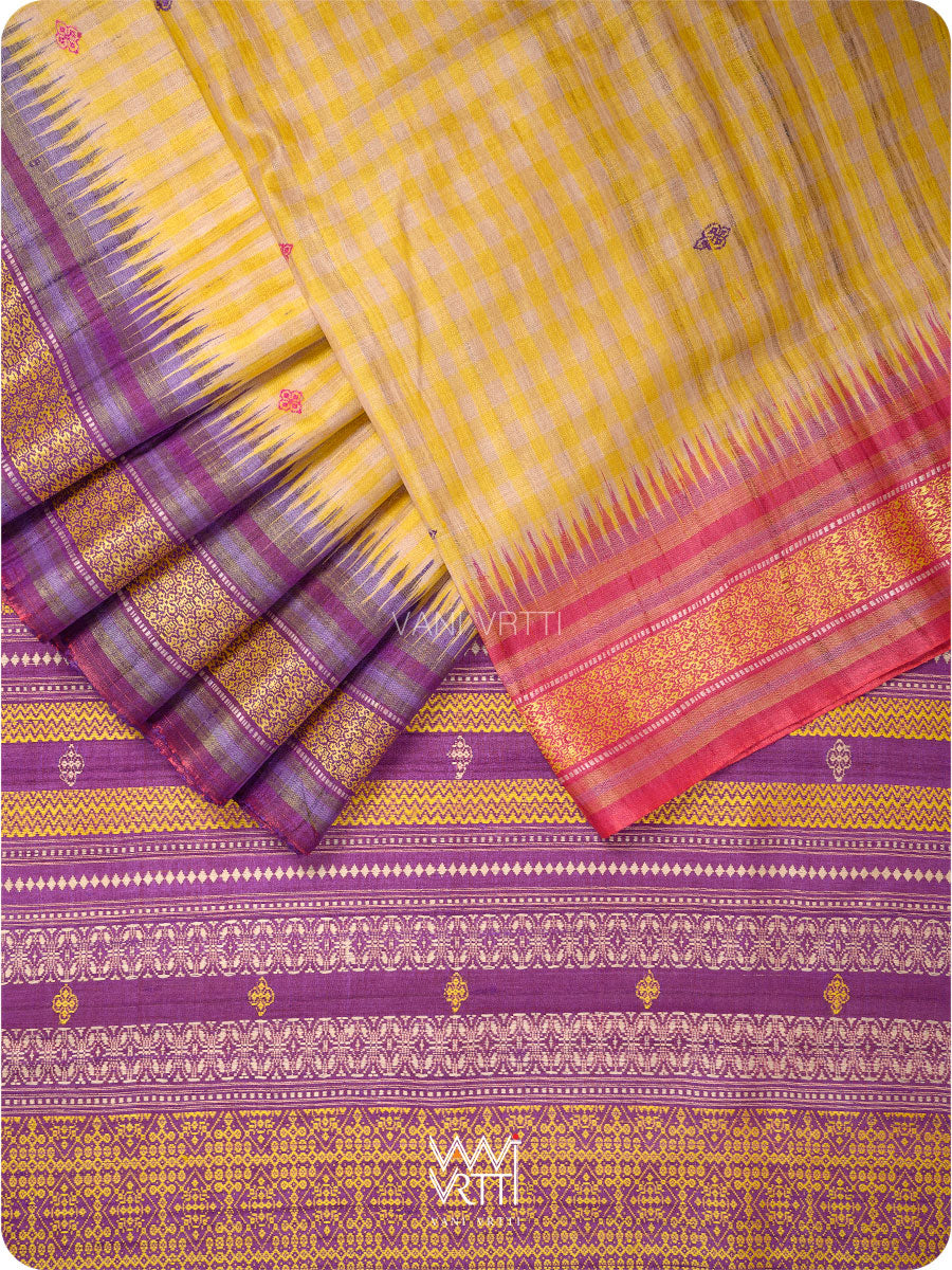 Natural Tussar Yellow Checks Purple Pink Ganga Jamuna Kolam Exclusive Handspun Tussar Silk Saree