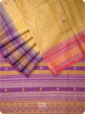 Natural Tussar Yellow Checks Purple Pink Ganga Jamuna Kolam Exclusive Handspun Tussar Silk Saree