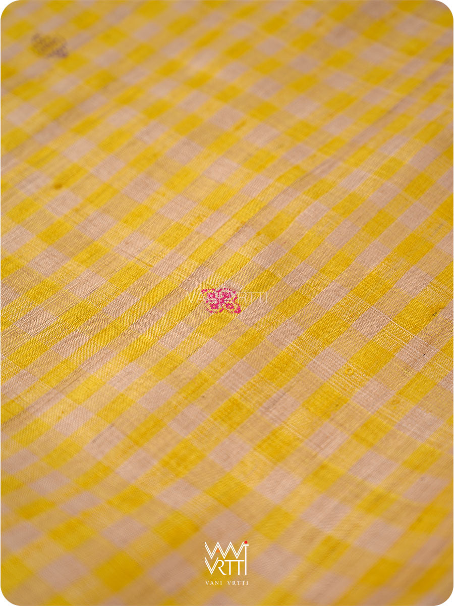 Natural Tussar Yellow Checks Purple Pink Ganga Jamuna Kolam Exclusive Handspun Tussar Silk Saree