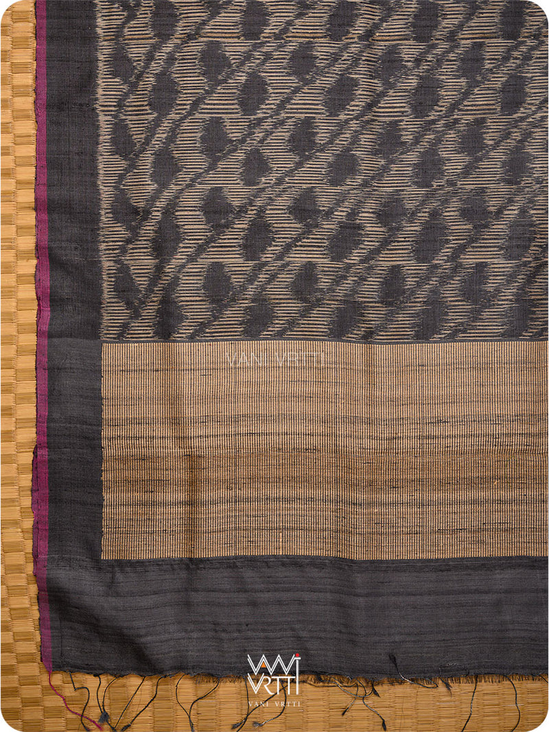 Black Tirsha Ikat Handspun Tussar Silk Saree