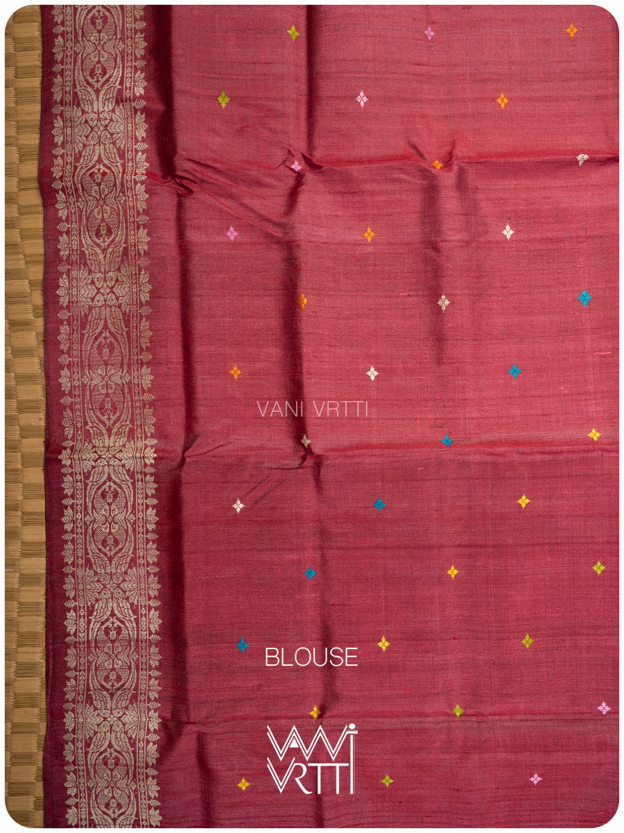 Classic Red Lotus Parrot Jaal Designer Exclusive Handspun Handwoven Tussar Silk Saree
