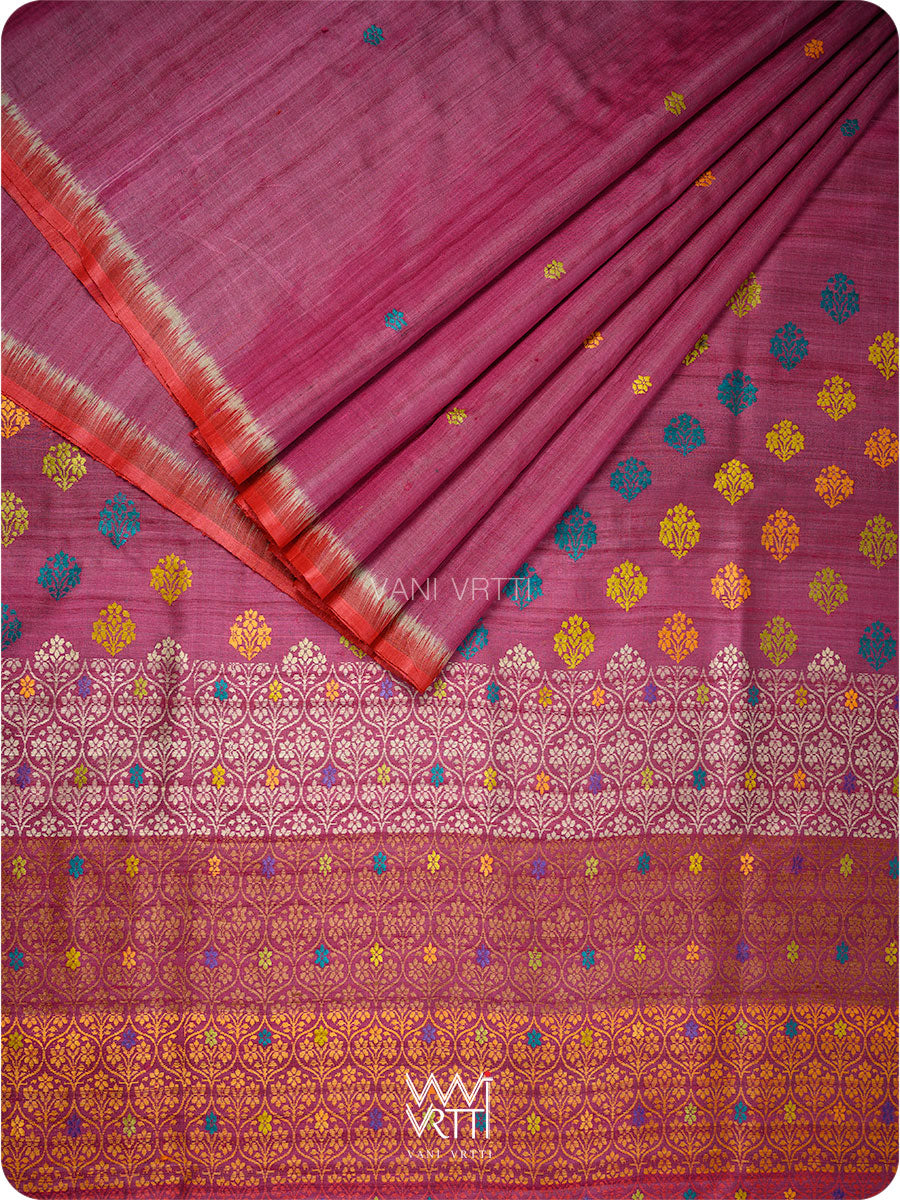 Burgundy Red  Parijat Handspun Tussar Silk Saree